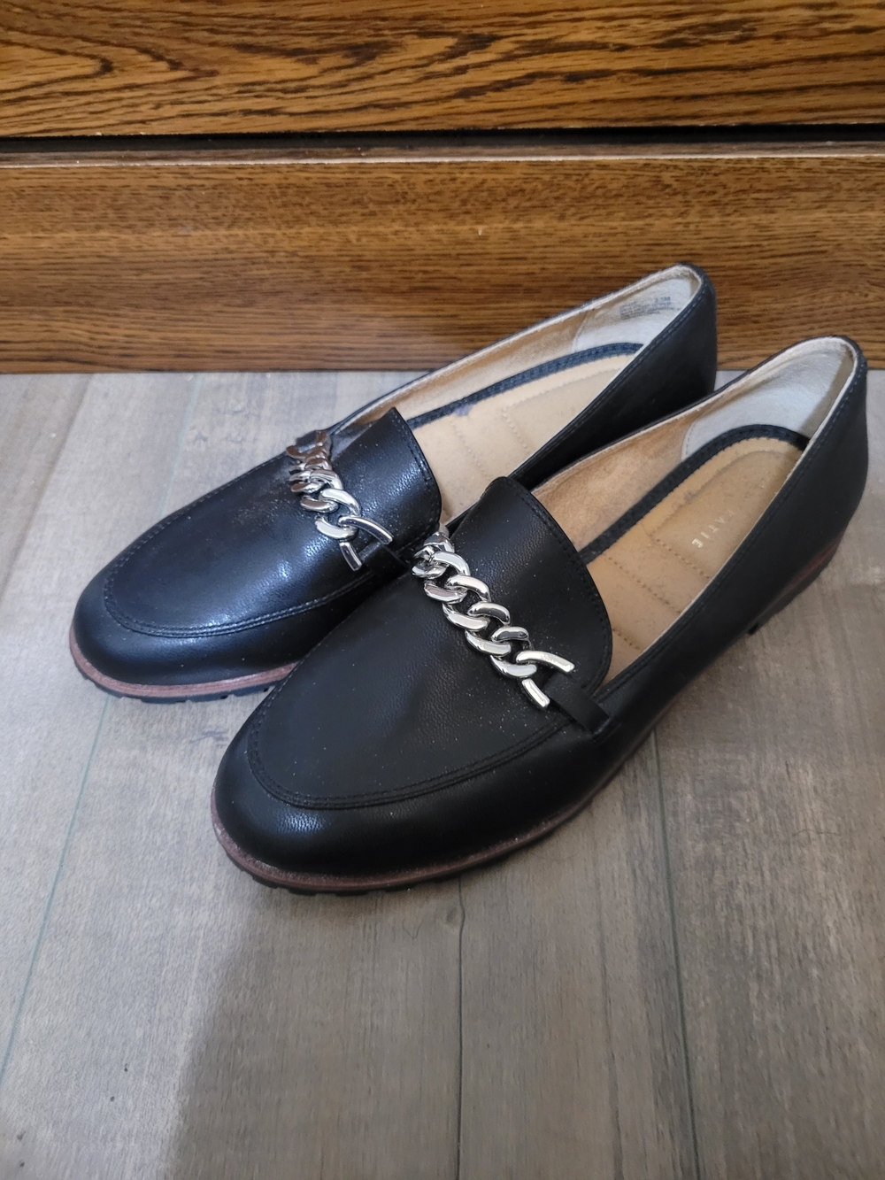 Kelly & Katie Black Leather Loafers with Silver Chain Accent